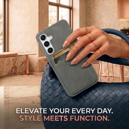 Image of amazon basics Premium Vegan Leather Back Cover with Card Holder and Integrated Mobile Stand for Samsung Galaxy S25FE 5G - Slim Shockproof Wallet Case with Geometric Stitching [Gray]