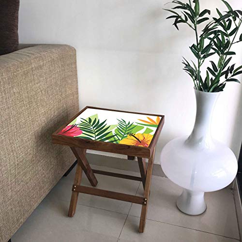 Image of Nutcase Designer Teak Wood Side Table Folding Wooden Bedside Coffee Outdoor Picnic Table - Tropical Florals