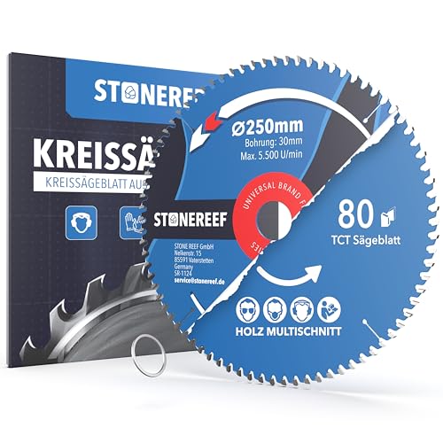 Kreissägeblatt 250 x 30 mm für Holz & Kunststoff - Sägeblatt 80 Zähne Bohrung 30 mm + Adapterringe 25 4/22 23/20/16 mm - für Tisch- Kapp- & Gehrungssäge