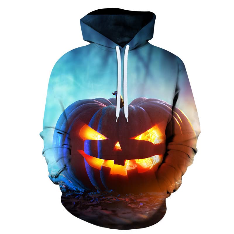Sweat à capuche d'Halloween pour homme avec cordon et imprimé citrouille 3D décontracté
