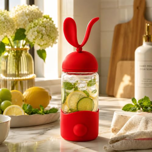 Image of Fieety Water Bottle Glass for Office Women & Men, Glass Bottle for Fridge, Leak-Resistant Glass Sipper Bottle, Reusable Bottle for Home, Gym & Travel (Rabbit Ear)