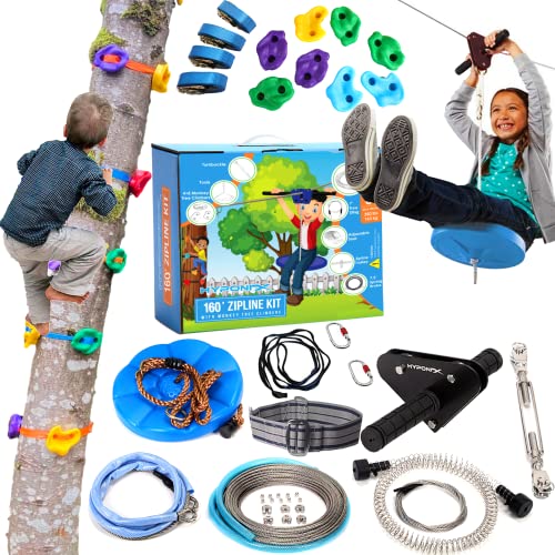 Hyponix 160/120' Zipline Kits for Backyard for Adults / Kids - 100% Stainless Steel - Zip Line - Backyard Zipline Kit for Kids - Zipline for Kids Outdoor - Zip Lines for Backyard Kids and Adults