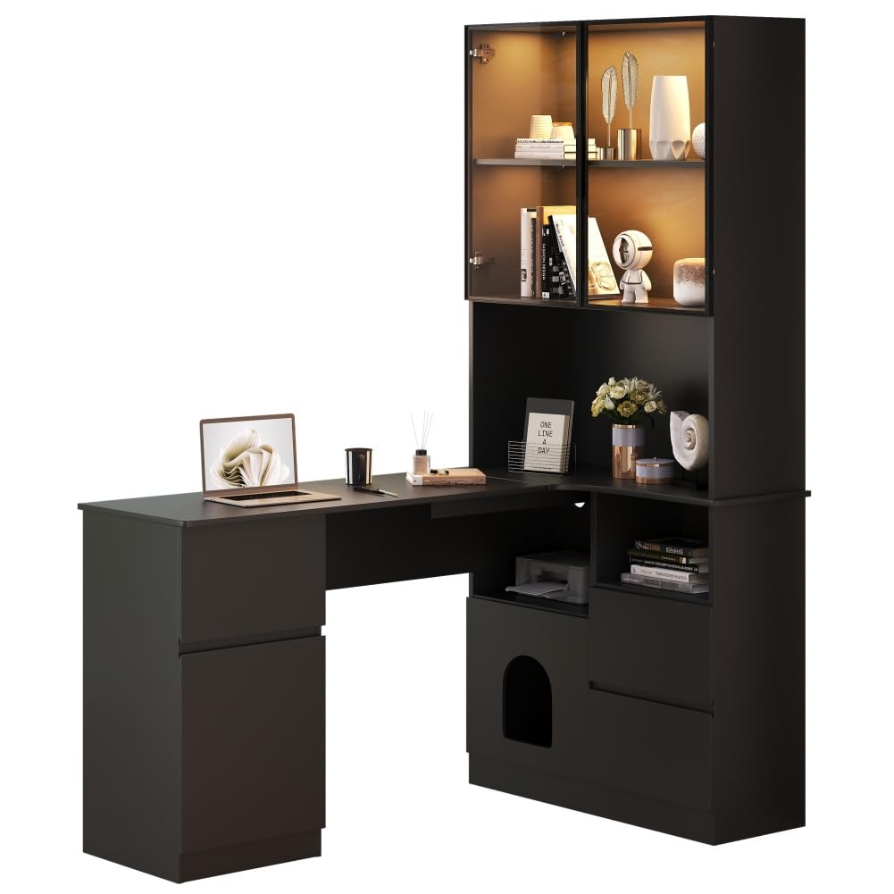 Bureau d'angle 120x80x180cm avec étagères et vitrine LED, Bureau Gaming avec Rangement, Meuble de Bureau pour Chambre et Bureau à Domicile (Noir-Droit)