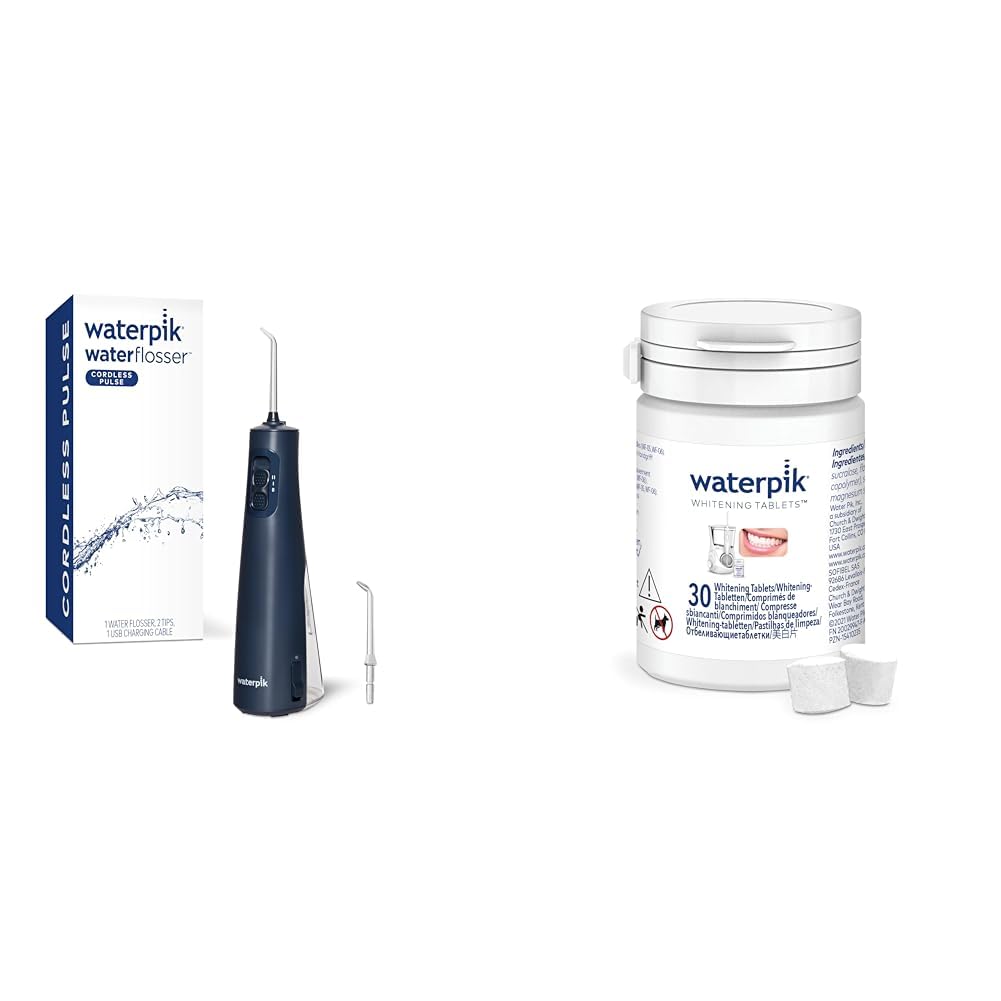 WaterpikCordless Pulse Rechargeable Portable Water Flosser for Teeth, Gums & Fresh Mint Whitening Refill Tablets (30 Count) – for Use with Waterpik Boost Tip