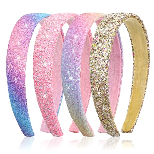 4 Stück Glitzer Stirnbänder für Mädchen Pailletten Beschichtet Kinder Haarreifen Niedliche Glitzernde Breite Dicke Glitter Haarband Bunte Rutschfestes Stirnband für Partys Bällen Aktivitäten