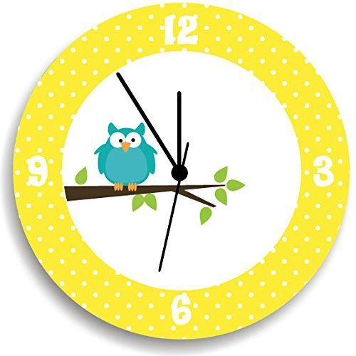 Owl wall clock, children's Wall Clock for kids room, yellow with white dots clock