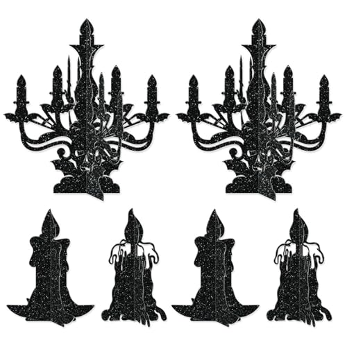 6Pcs Halloween Candelabra Decorations 3D Black Paper Candle Holders Silhouette Prop Hanging Chandelier Garland Decoration for Halloween Centerpiece Table Settings Wall Hangings Decor Party Supplies