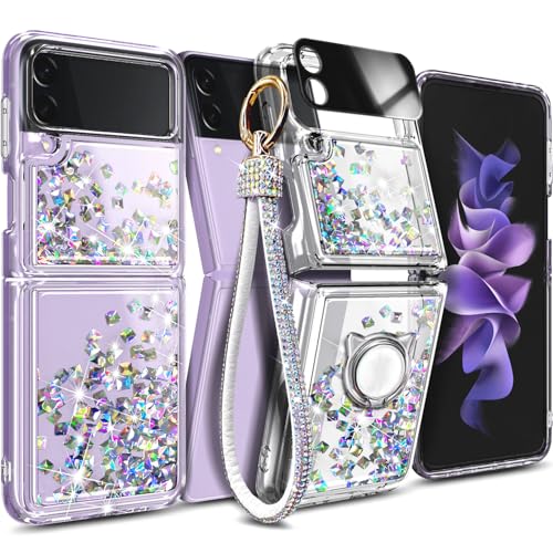 NGB Designed for Samsung Galaxy-Z-Flip-4 Case, Clear | Glitter Liquid Sparkle Cute Cover for Women Girls | with Tempered Glass Camera Lens Protector & Diamond Wrist Strap