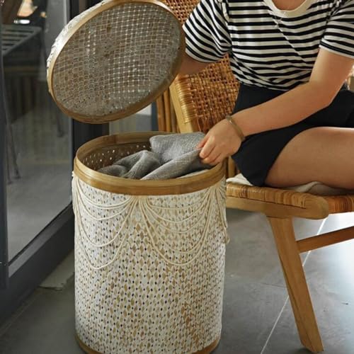 Rattan Laundry Hamper w/Lid Round Wicker Large Clothing Storage Basket intage Bamboo Woen Laundry Basket Rustic Style Sundries Basket for Bedroom, 35x54cm, White (White 35x54cm)