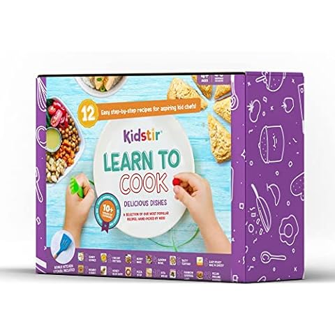 KIDSTIR Learn to Cook Kids Cooking Kit | 12 Delicious Kid-Friendly Recipes & Kids Size Cooking Tool | Easy Step-by-Step Instructions with STEAM Learning Best Cooking Gifts for Kids | Delicious Dishes Cover