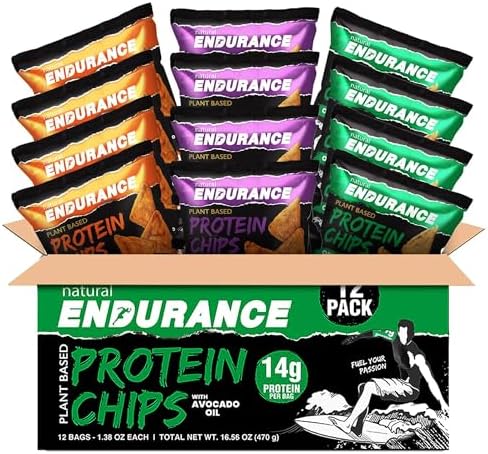 Natural Endurance Protein Chips - Nacho Chips, Low Carb Chips, High Protein Snack, Vegan Protein with Avocado Oil, 14g Protein Per Bag, Gluten Free - Nacho Flavor, 1.38 oz Bags (Pack of 12)