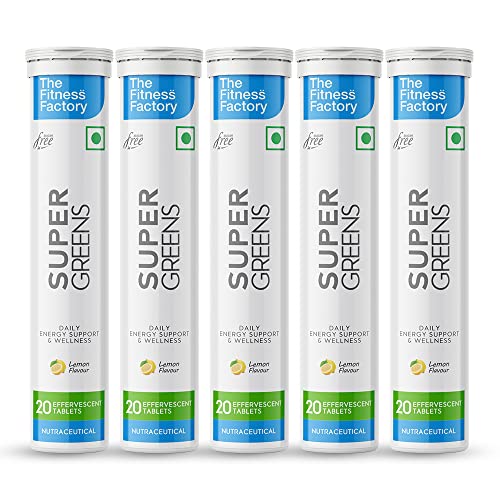 The Fitness Factory Super Greens Effervescent Tablet Superfoods & Antioxidants Vitamin Enriched Booster as Vitamins For Complete Detox, Antioxidant, Cellular Defense & Alkalizing Blends With Lemon Flavor (Pack of 5, 100 Effervescent)