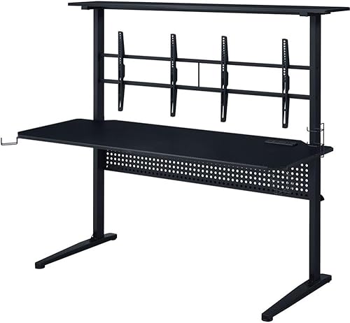 Acme Canzi - Mesa de juegos de madera con 2 soportes de pantalla de metal, color negro
