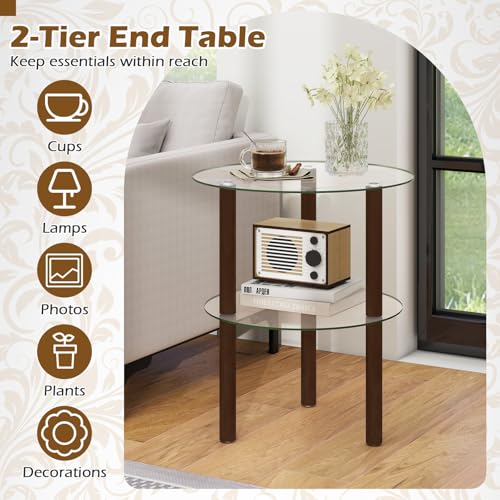 Image of GIANTEX Round End Table, 2-Tier Sofa Side Table with Clear Tempered Glass Top & Shelf, Small Accent Table with Solid Rubber Wood Legs for Living Room Bedroom Home Office (Brown & Clear)