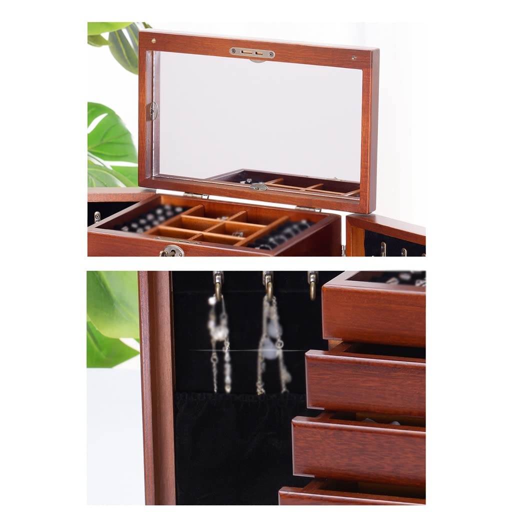 Jewelry Organizer Box Solid Wood Jewelry Box Wooden Lock Jewelry Storage Box Princess Multi Layer Large Capacity with Mirror Jewelry Box