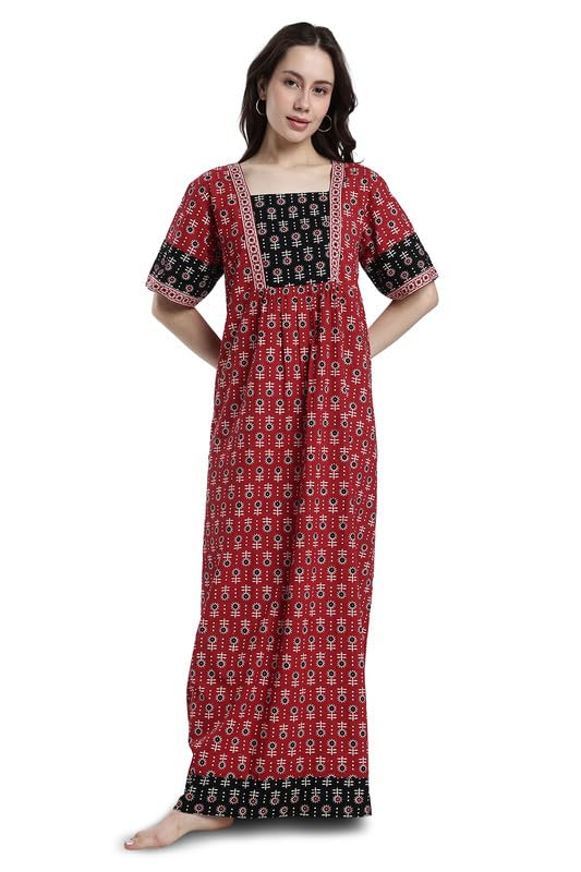 Naidu Hall Women’s Cotton Nighty Printed Nighty for Women Full Length Night Gown Cotton Night Dress with Box Neck Lounge Wear Nighty with Pocket
