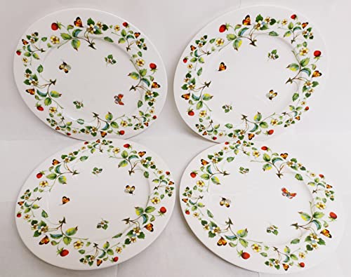 Juego de 4 platos de porcelana de hueso (26,7 cm, 27 cm), diseño de fresas y mariposas
