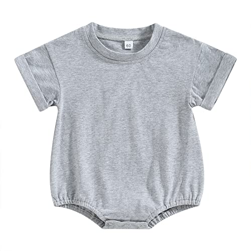 Image of KtwHarnu Baby Boy Girl Solid Color T Shirt Bubble Romper Oversized Short Sleeve Jumpsuit One Piece Bodysuit Summer Outfit (Grey, 0-6 Months)