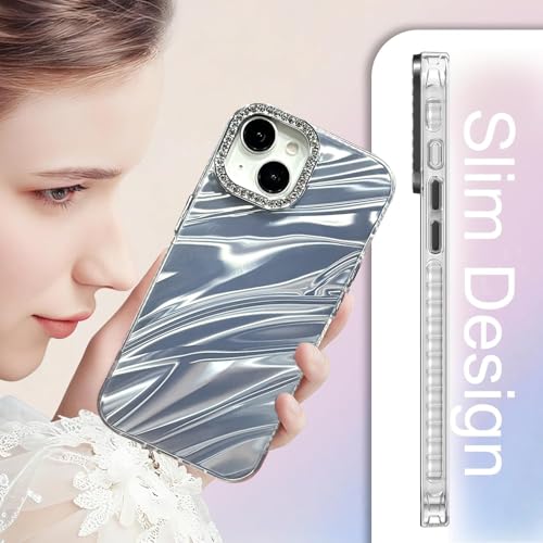 Image of DIZORO Compatible with iPhone 15 Plus Case | Marble Glossy Hard PC Back Cover with Diamond Camera Protector | Ultra Stylish Shockproof Back Cover Case for Girls Women-Sky