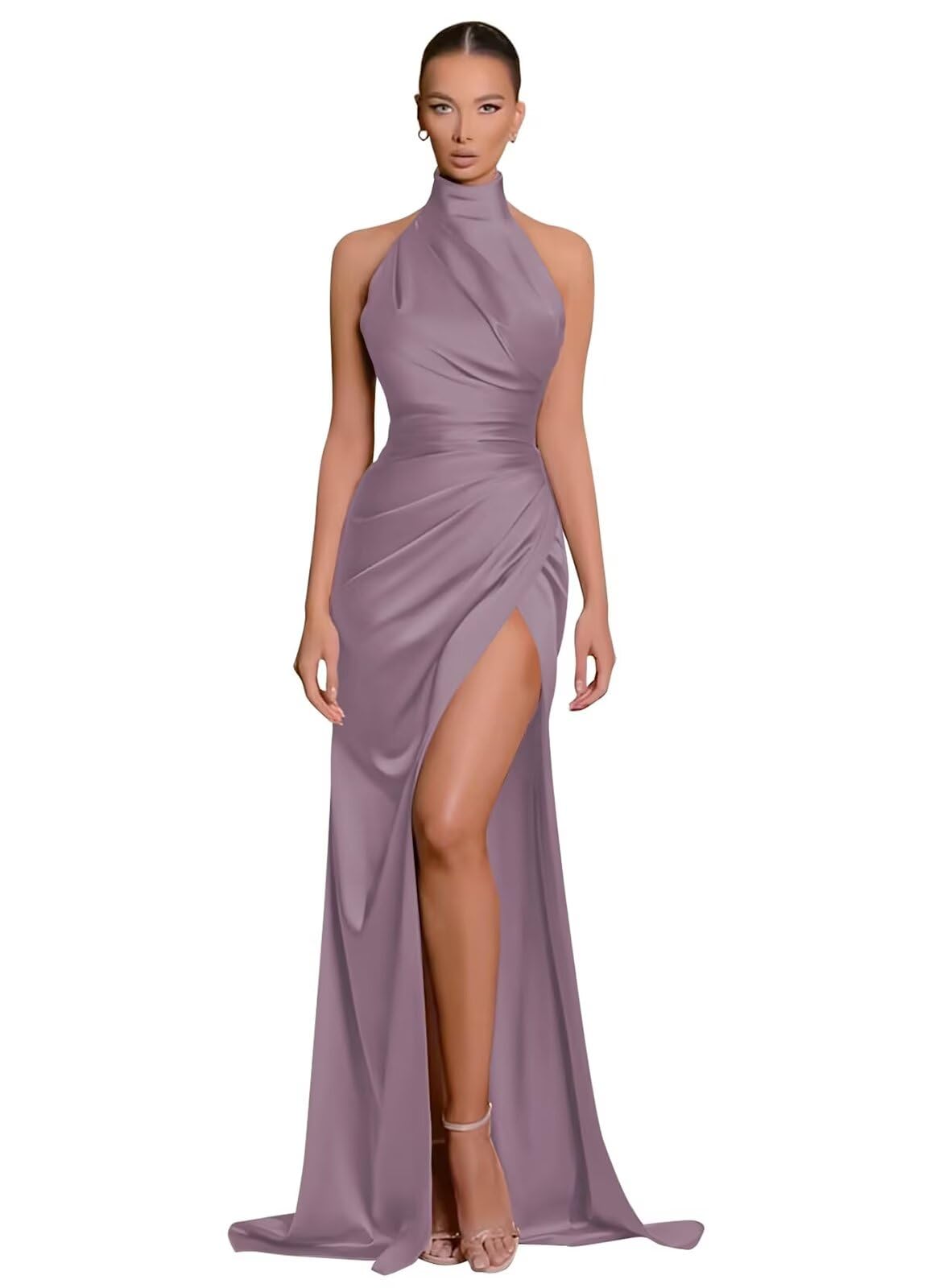 Clothfun Women's Halter Satin Bridesmaid Dresses Long Mermaid Prom Dress for Women Formal Gown with Slit
