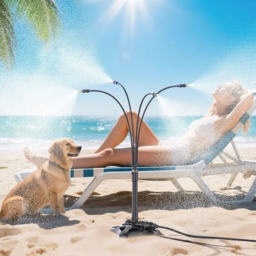 Stehend Sprühnebel Kühlung Bewässerungssystem, Tragbarer Wassersprudler mit 8m Schlauch, Dreieckiger Sprühkühlsystem für draußen, Terrasse, Pool, Grill, Garten & Sonnenstudio
