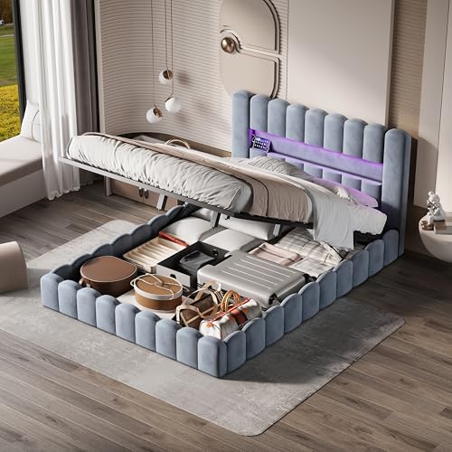 RTYUSWL Cama doble tapizada de 180 x 200 cm, cama doble con espacio de almacenamiento hidráulico, estructura de cama de 180 x 200 cm con somier, cabecero de almacenamiento con LED y USB, cama