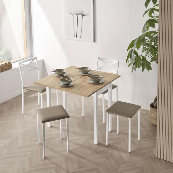 V VELASCO Mesa de Cocina Libro Nube 110/170x70 cm | Mesa Comedor con Cajón para Espacios Pequeños | Madera Roble Hércules y Patas Blancas