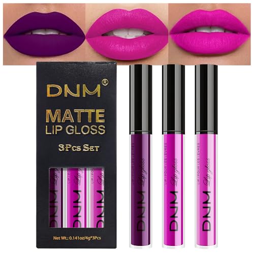 evpct 3Pcs Purple Hot Pink Fuchsia Red Matte Liquid Lipstick Lip Stain Sets for Women, Matte Lipstick Long Lasting Waterproof Permanent 24 Hours original, Lip Sticks Pack for Halloween Daily Makeup