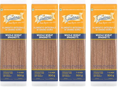 Image of Gustora Whole Wheat Spaghetti Pasta, 1kg (Pack of 4 x 500g) | Authentic, Long Italian Pasta with Al Dente Texture | 100% Durum Whole Wheat Semolina | Zero Maida | High Fibre | Vegetarian