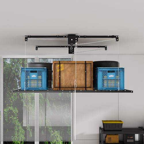 4x8 FT Overhead Garage Storage Rack for High Ceilings 10-12 FT 350Lbs Heavy-duty Steel Garage Ceiling Rack with Safety Lock Ideal for Overhead Storage Mounted Lift System and Garage Organizer