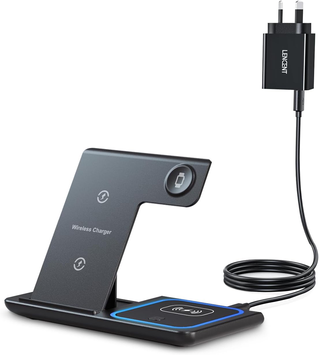 LENCENT Wireless Charging Station for Apple Multiple Devices, 3 in 1 Fast Charger Stand Dock Foldable for iPhone 14 13 12 11 Pro X XS 8 Plus AirPods 3/2/Pro iWatch 8 7 6 SE 5 4 3 2 with Adapter, Black