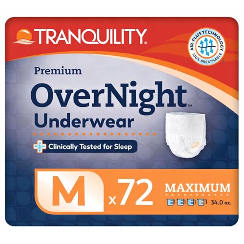Tranquility Premium OverNight Disposable Absorbent Underwear (72 Count) - M, 34-48 in. Waist - Maximum Absorbency, All-Night Sleep, Breathable Comfort, 72 Adult Diapers