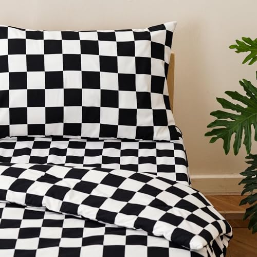 Image of CLOTHKNOW 4Pieces Black White Plaid Toddler Bedding Sets for Boys Girls | Kids Comforter, Soft Crib Bed Set Including Comforter, Flat Sheet, Fitted Sheet and Pillowcase