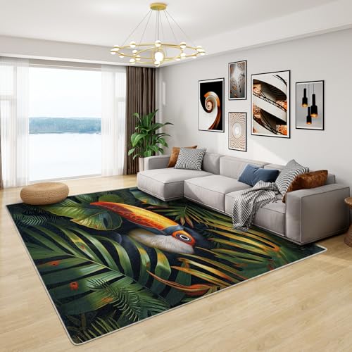 Image of Tropical Rugs Living Room - Toucan Rug, Palm and Monstera Leaf Rugs for Living Room Bedroom, Washable Non Slip Soft Large Carpet, Patterned Area Rugs & Home Decor 140x200 cm
