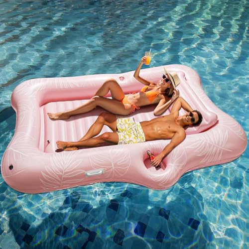 HeySplash Flotador Hinchable para Piscina, Tumbona Grande para Adultos con Portavasos y Almohada Desmontable, Flotador Inflable para Piscina al Aire Libre Lago Río Verano Fiesta en el Agua, Hoja Rosa