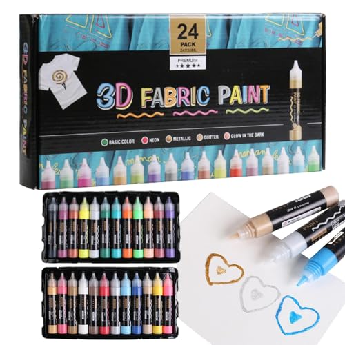 Cushangty Pintura Para Tela - Pintura Permanente Con Efecto 3D - 24 Colores Herramienta de Manualidades Impermeable 30Ml para Pintar Ropa Vidrio Lienzo Decoración Manualidades Infantiles Adultos