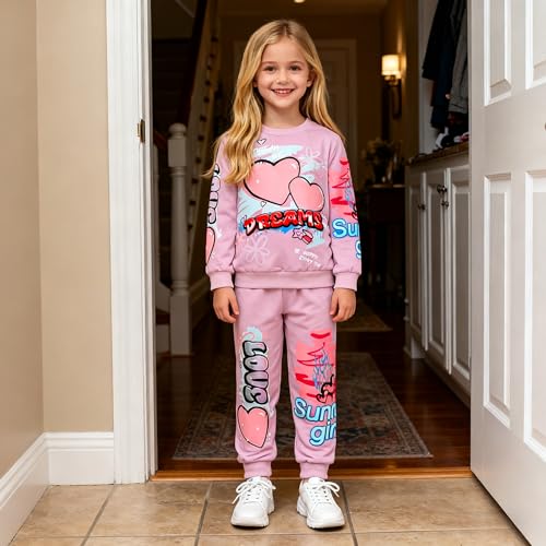 Image of Kids Toddler Girl Clothes Heart Letter Print Long-sleeved round collar top+Letter Print Pants Outfits Set