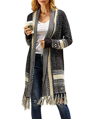 Misassy Womens Boho Open Front Long Cardigans Sweater Loose Long Sleeve Embroidery Tassels Kimono Duster Outwear Z-Black
