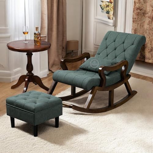 Image of Solid Sheesham Wood Rocking Chair for Living Room with Footrest and Pillow | Ergonomic Resting Chair with Ottoman for Relaxing and Pregnant Women (Green)