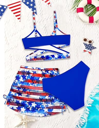 Image of Girls Swimsuits 3 Piece Bathing Suit Allover Printed Criss Cross Bikini Set with Cover Up Skirt Beach Swimwear 7-16 Years