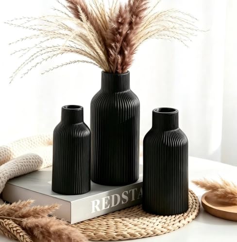 Petit vase à fleurs en céramique noire, herbe de la pampa pour table à manger, décoration d'étagère, cheminée, décoration d'entrée et centres de table, minimaliste moderne, bohème (noir, L + M + S)