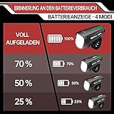 BOLEi LED Fahrradlicht Set 100 LUX,StVZO Zugelassen Fahrradlampe, Fahrradbeleuchtung USB Aufladbar, IPX5 Wasserdicht Fahrradlichter, Batterie Aufforderung schwach, Vorne Frontlicht Und Rücklicht Set