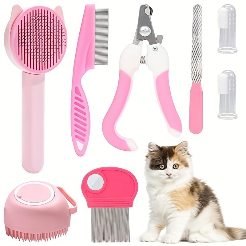 Cosyhomes 8 Pack Cat Grooming Kit,Dog Grooming Brush Soft Slicker Brush,Cat Brush for Shedding,Pet Grooming Brush,Pin,Flea Comb,Nail Clippers,File Professional Pet Grooming Set for Dog and Cat (Pink)