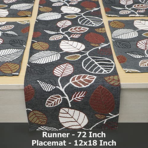 Image of HOKIPO Cotton Jacquard Placemats with Table Runner for Dining Table 6 Seater (IN530-D5*6+IN532) Grey,6 Placemats + 72 Inch Runner