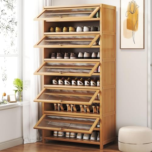 Fmnnfp Shoe Storage Cabinet for Entryway, 8-Tier Shoe Cabinet with Doors, Bamboo Shoe Organizer Storage for 36-40 Pairs, Modern Freestanding Shoe Rack for Hallway, Closet, Living Room (10-Tier Brown)