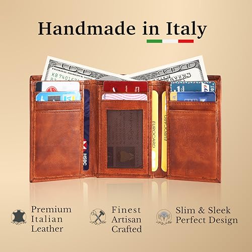 Image of Genuine Italian Leather Trifold Wallet for Men, RFID Blocking, 8 Card Slots, 2 Cash Compartments, Minimalist Billfold with Multiple Card Slots and Cash Storage, ID Window, Vintage Tan Leather