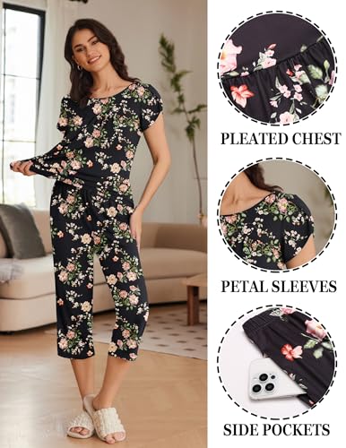 Image of Ekouaer Women's Capri Pajama Set Short Sleeve Mumu Pjs Pleated Top Capri Pants with Pockets Sleepwear Lounge Set