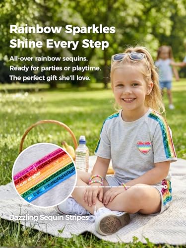 Image of WELAKEN Girls 2 Piece Outfit Kid Toddler Heart & Rainbow Sequin Striped T-shirt and Shorts Clothing Set