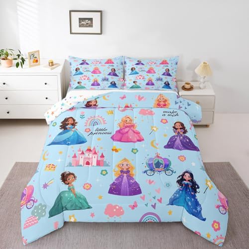 Homemissing Lindo juego de ropa de cama de princesa, juego de edredón de castillo de tamaño doble para niños, adolescentes y adultos, edredón de ensueño de hadas, edredón de ensueño de flores arcoíris