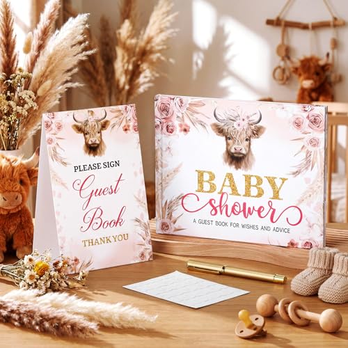 Image of Fuyoooo 27 Pcs Highland Cow Baby Shower Guest Book Set Baby Shower Sign in Guest Holy Cow Book Place Table Cards with Gold Pen Adhesive Photo Corner for Birthday Party